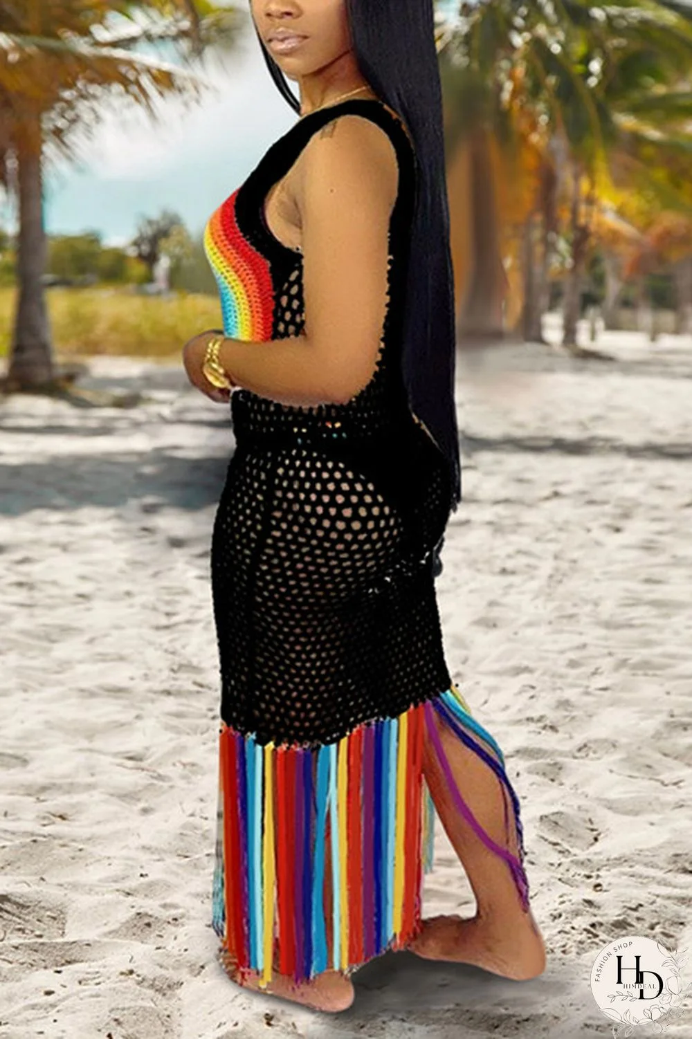 Black Fashion Sexy Mesh Print Beach Dress