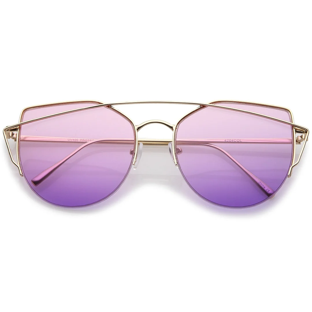 Women's Semi Rimless Metal Brow Bar Round Colored Flat Lens Cat Eye glasses