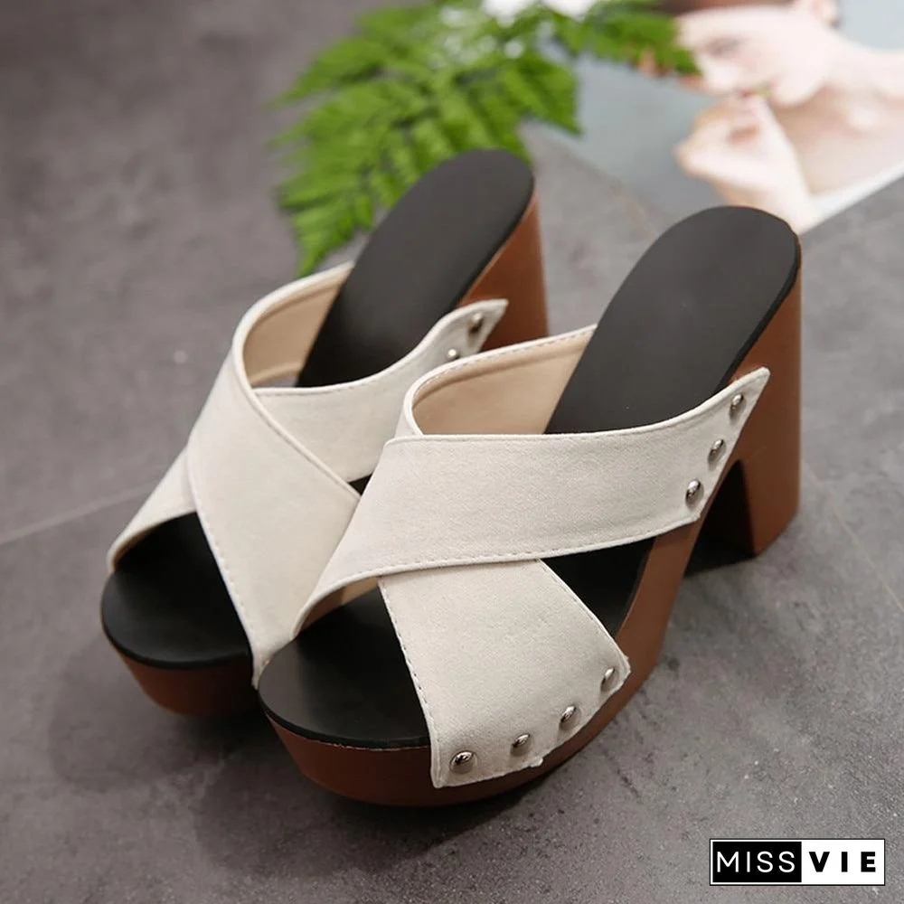 Women Cross Strap Chunky Heel Sandals Thick High-Heeled Flip Flop Open Toe Sandals