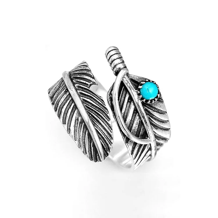 For Memorial  S925 Guardian Angel Turquoise Feather Ring