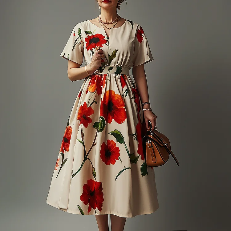 Ursime Floral Leaf Pattern V Neck Short Sleeve Midi Dress