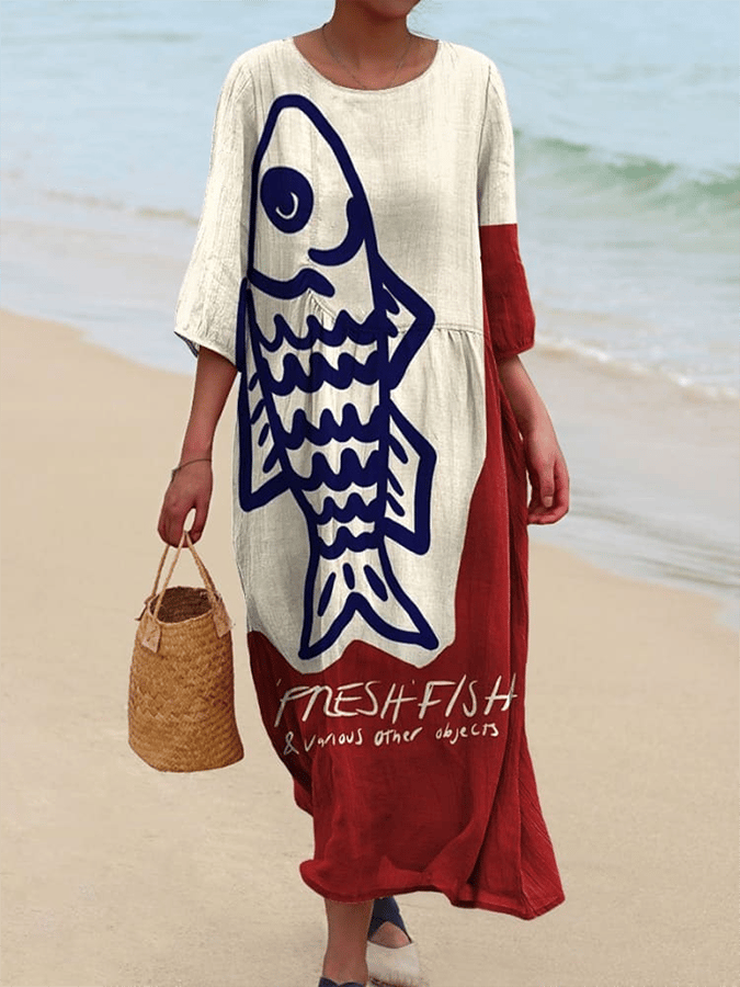 Women's Retro Fish Art Print Casual Dress 