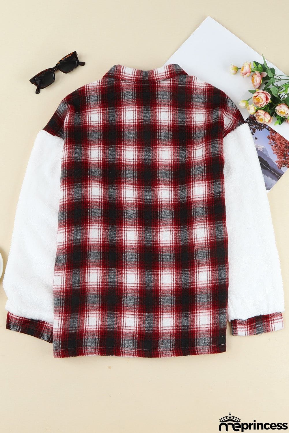 Plaid Patchwork Buttoned Pocket Sherpa Jacket