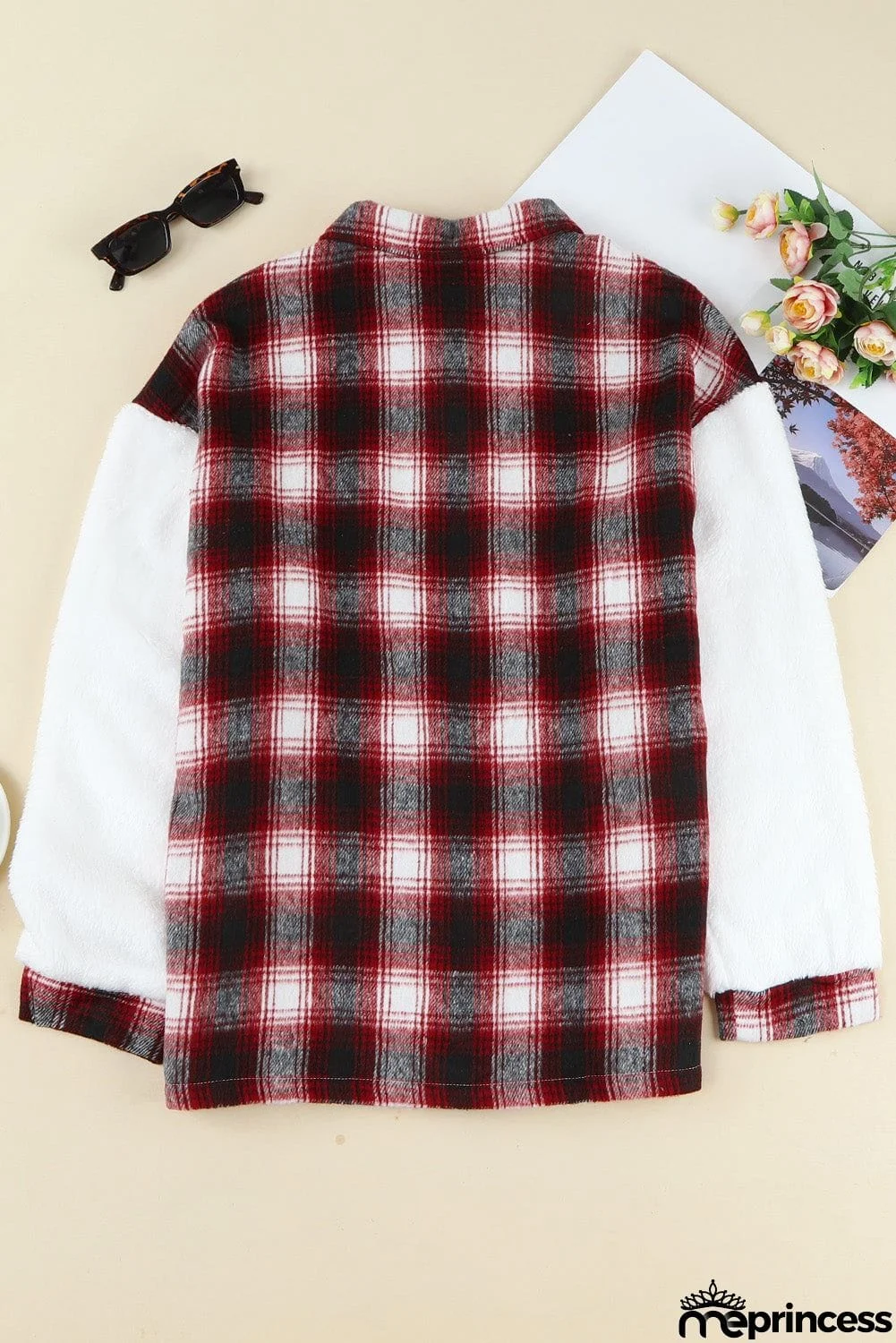 Plaid Patchwork Buttoned Pocket Sherpa Jacket