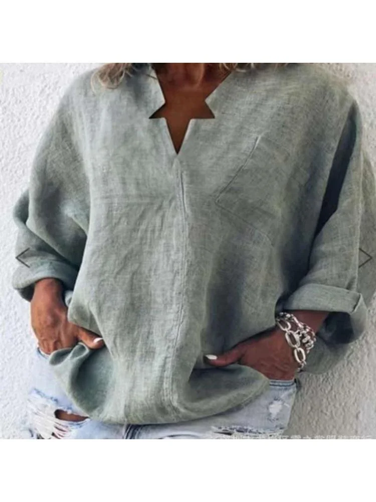 Women's All-match Urban Casual V-neck Cotton Linen Shirt-Mayoulove