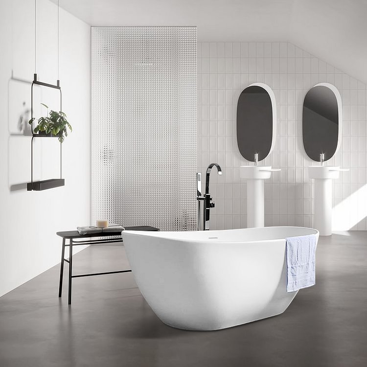 Homemys Oval Shape 64 Inch Freestanding Matte White Stone Resin Soaking Bathtub with Overflow