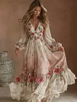 Women's Vintage Rose Embroidered Linen Blend Dress