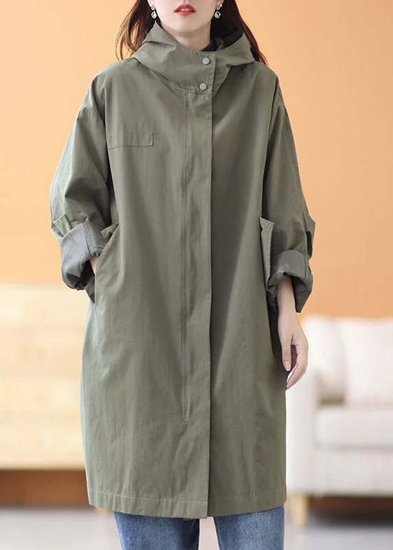 Elegant Army Green Hooded Oversized Cotton Trench Coats Spring
