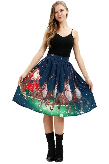 High Waisted Reindeer Print Midi Christmas Pleated Skirt Navy Blue-elleschic