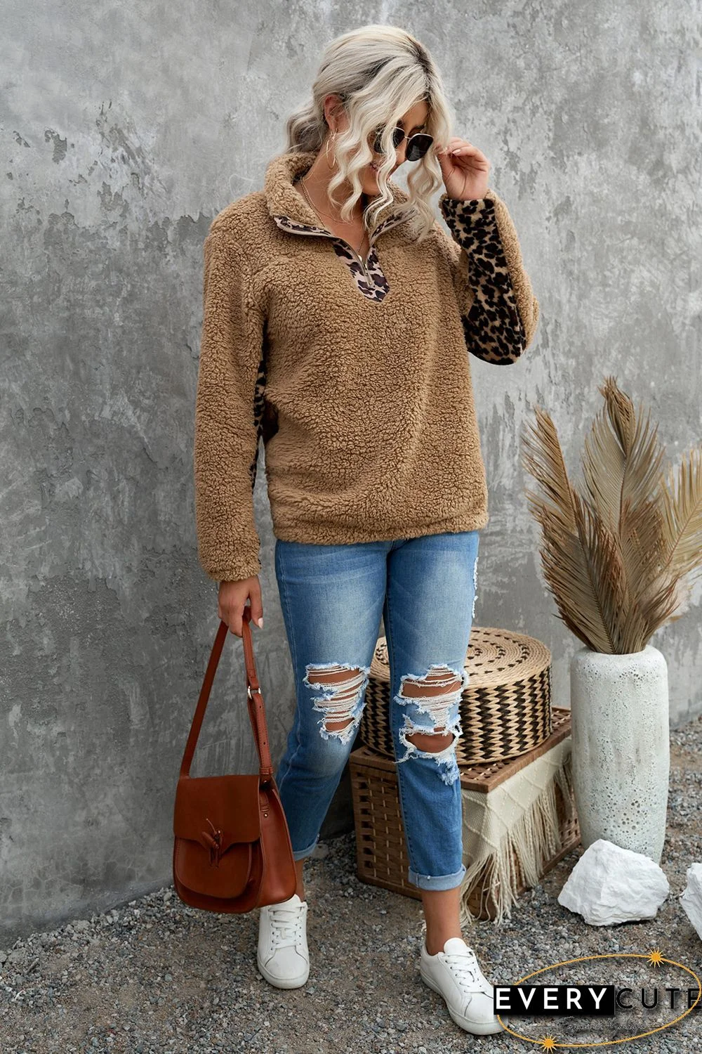 Khaki Turn-down Collar Leopard Splicing Sherpa Sweatshirt