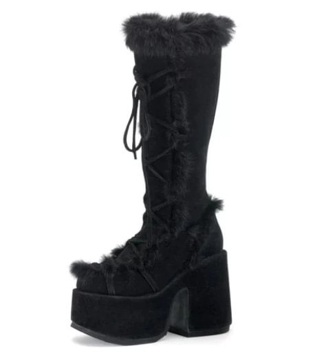Breakj White Fur High Platform Boots High Chunky Heel Round Toe Mid Calf Boots Elegant Women Casual Outfit Winter Cross Tied Shoes