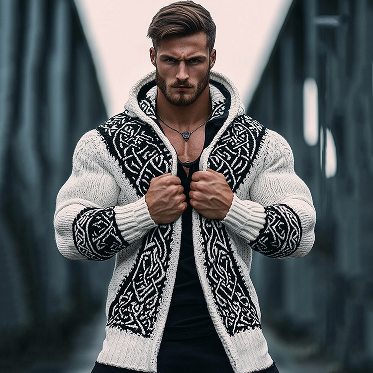 Men's Viking Style Knitted Warm Hooded Cardigan Sweater