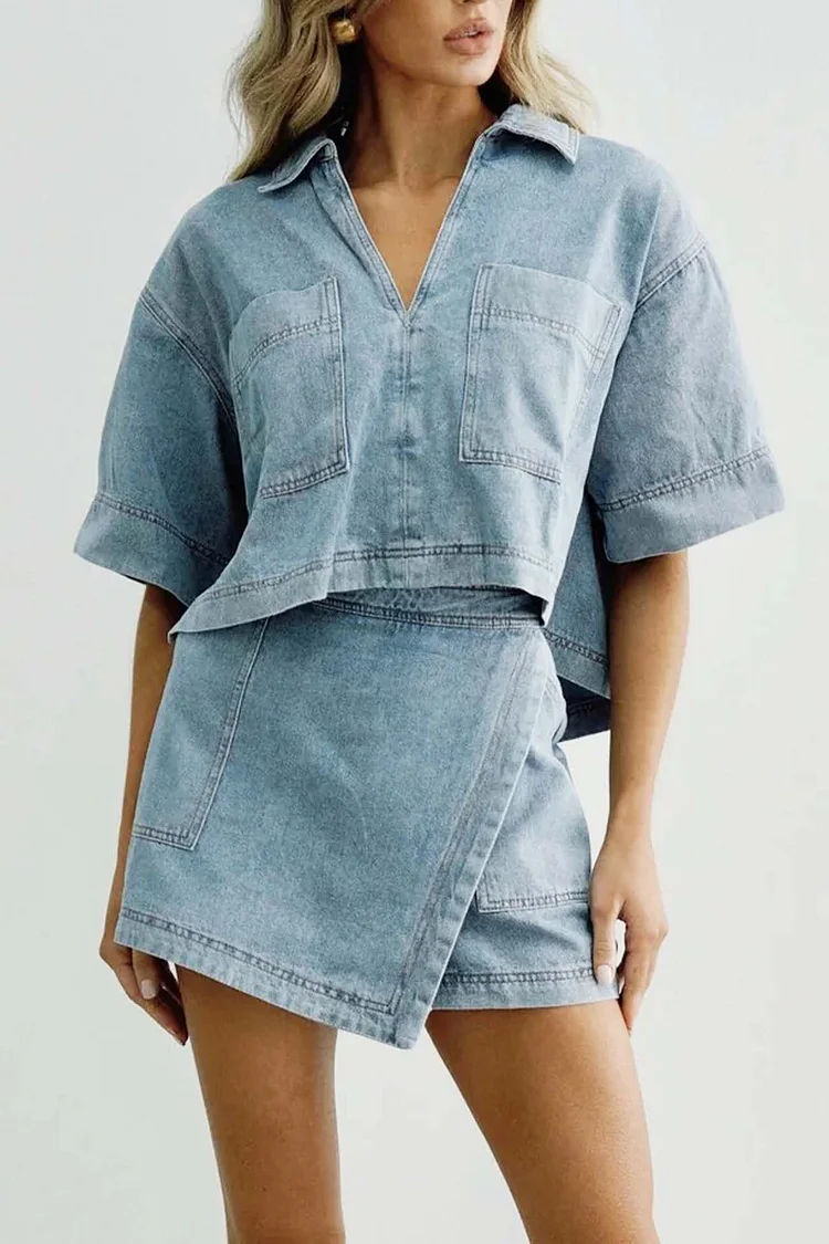Denim Pocket V Neck Lapel Skorts Set