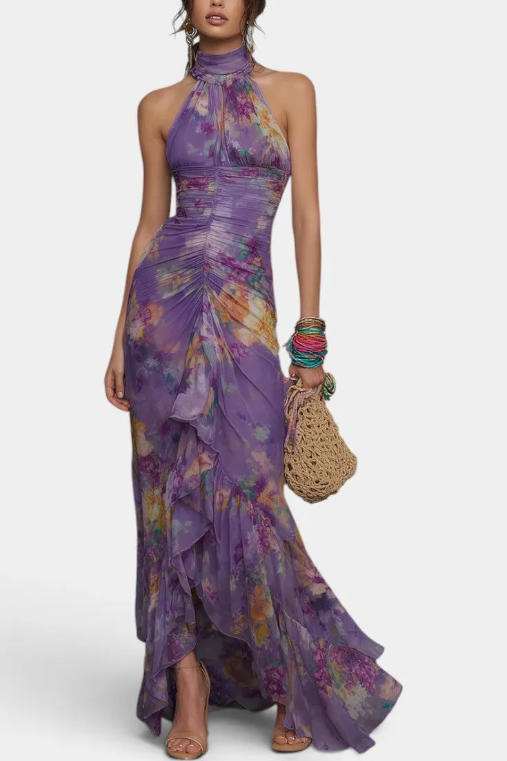 Ruched Halter Maxi Dress with Cascading Ruffles