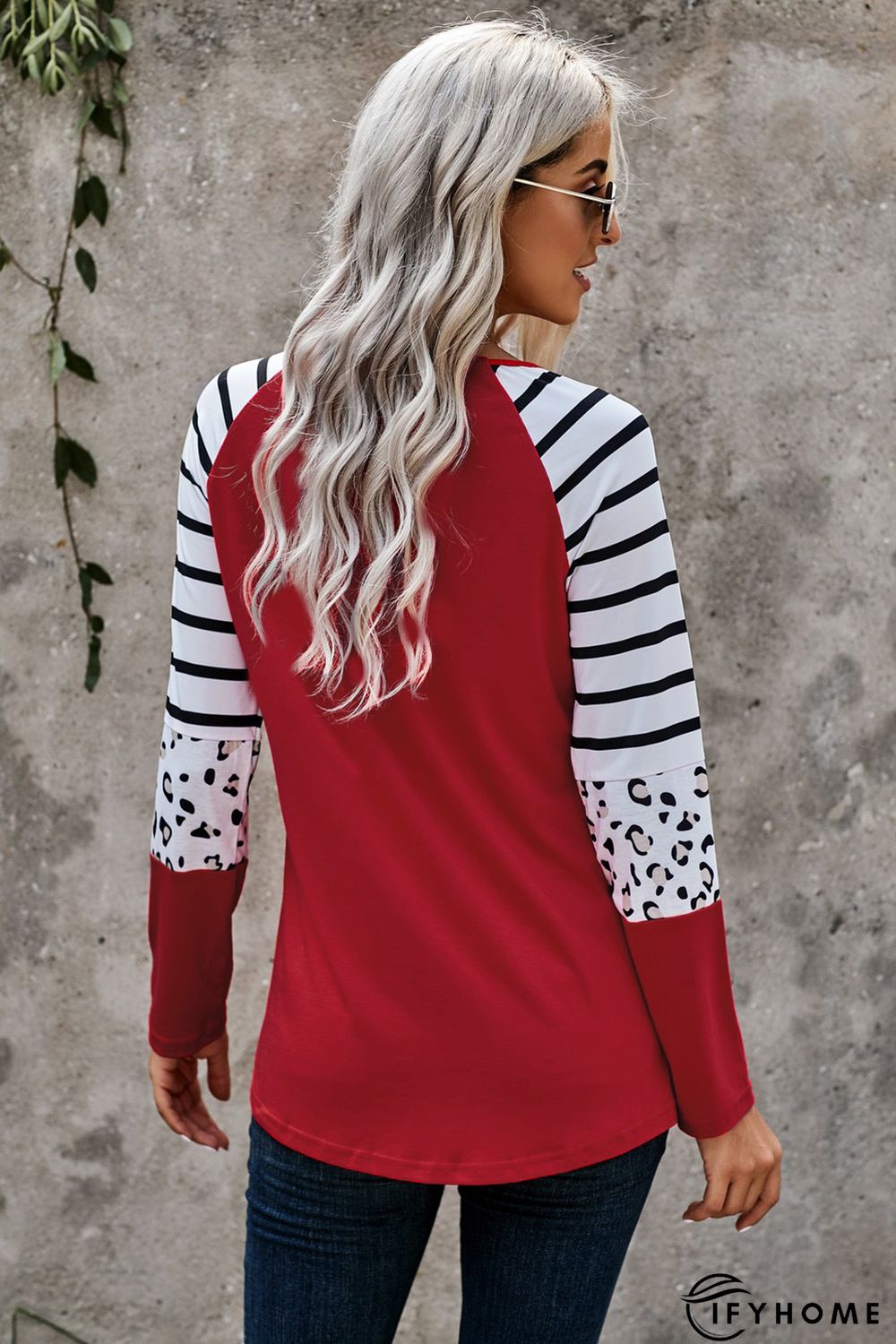 Red Valentines Leopard Heart Print Color Block Long Sleeve Top | IFYHOME