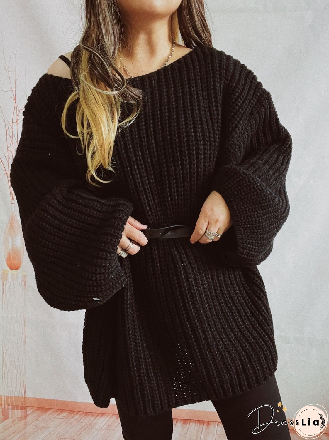 Boat Neck Long Sleeve Sweater with Belt