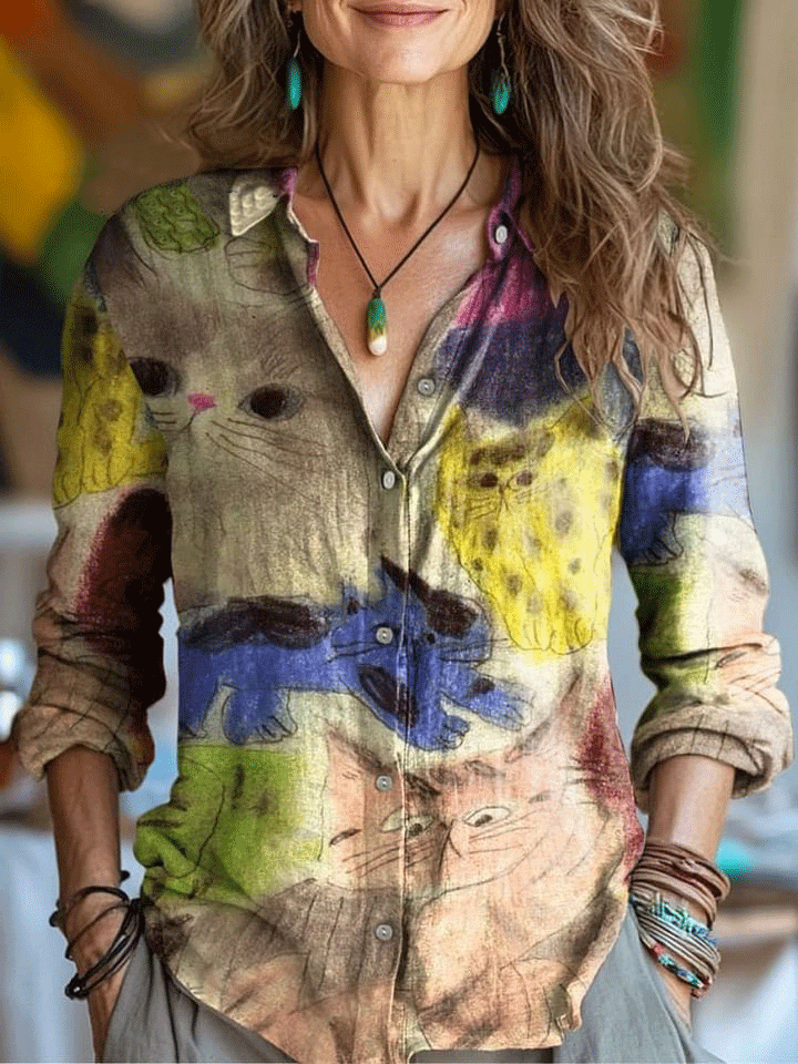 Women's Vintage Cat Art Print Casual Cotton Shirt
