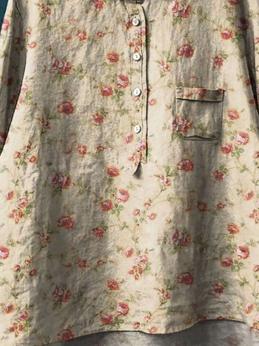Women's Vintage Floral Art Print Casual Cotton And Linen Shirt