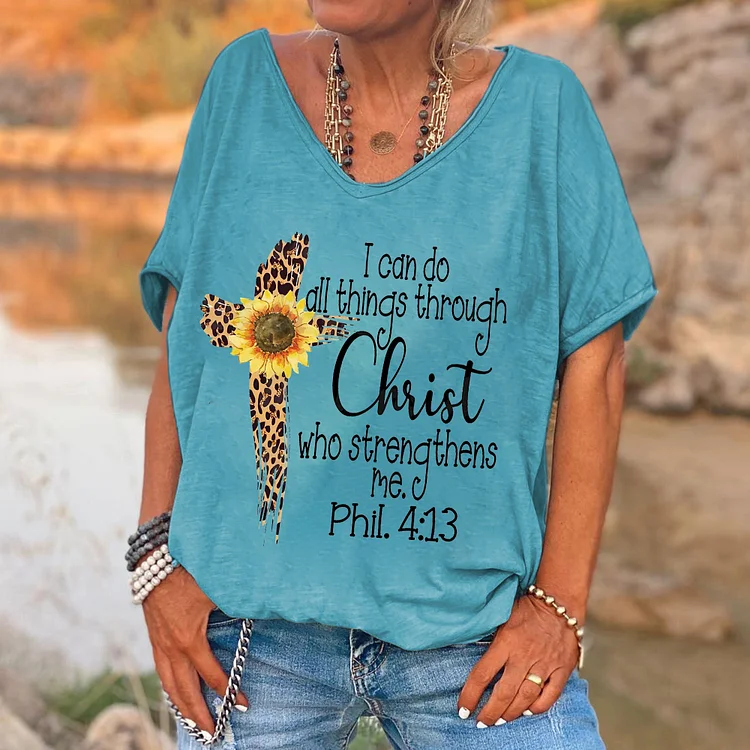 I Can Do All Things Through Christ Printed V-neck Women's T-shirt