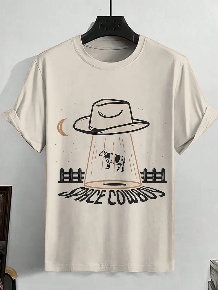 100% Cotton Men's Space Cowboy Print Casual T-Shirt