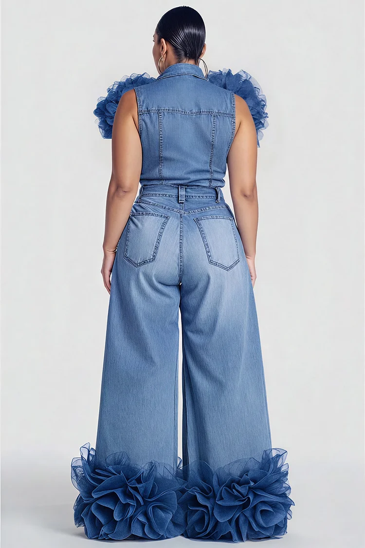 Xpluswear Design Plus Size Business Casual Blue 3D Casual Pocket Denim Two Piece Pant Sets [Pre-Order]