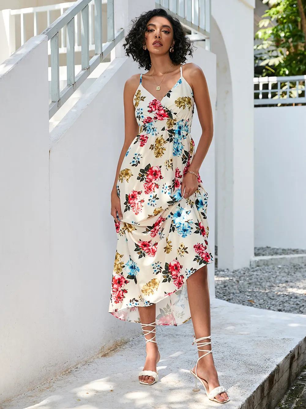 Churchf Women's Dress Station Summer Print Collection Waist Long Sling Dress