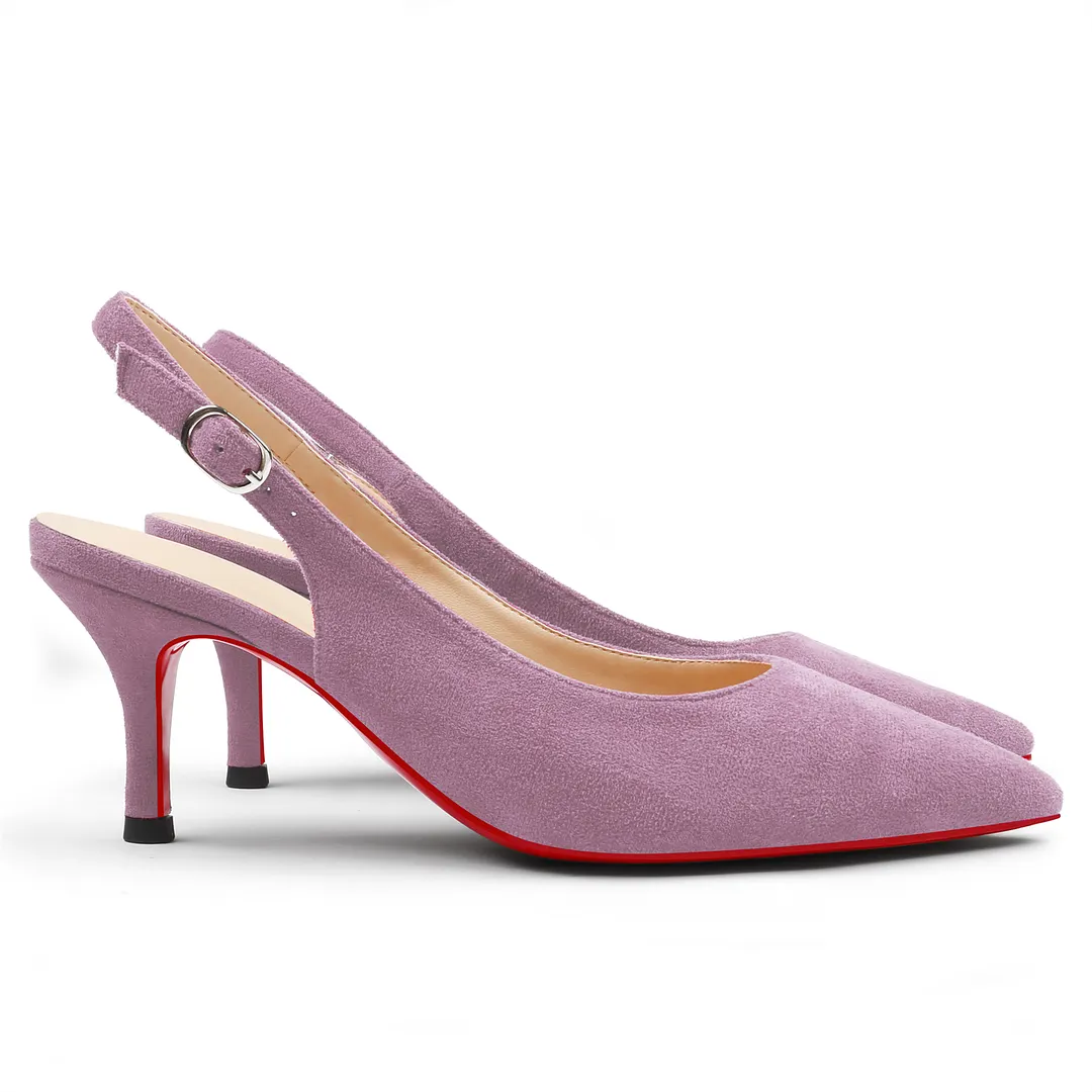 60mm Women's Pointed Toe Slingback Kitten Heels Red Bottom Suede Pumps-vocosishoes