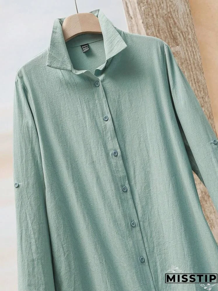 Women's Plain Rolled Cuff Long Sleeve Single-Breasted Casual Shirt Dress For Autumn