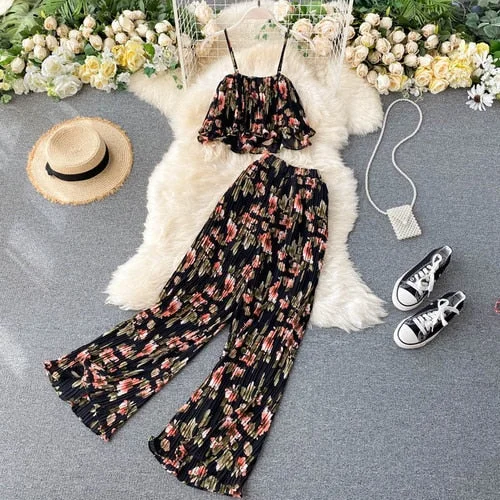 Fitaylor New Summer Women Floral Print Pants Two Piece Set Sexy Spaghetti Strap Crop Top and Casual Loose Wide Leg Pants