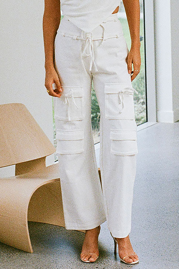 Denim High Waist Pockets Tie Up Straight Leg Jeans-White [Pre Order]