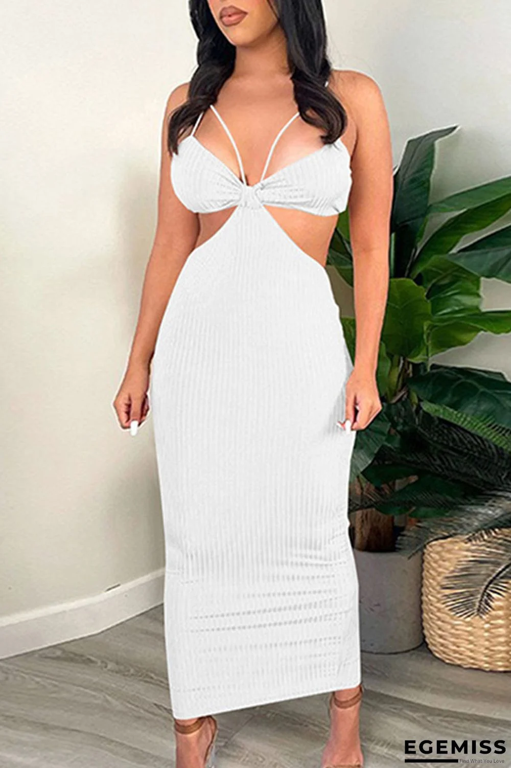 White Sexy Solid Hollowed Out Patchwork Spaghetti Strap Pencil Skirt Dresses | EGEMISS