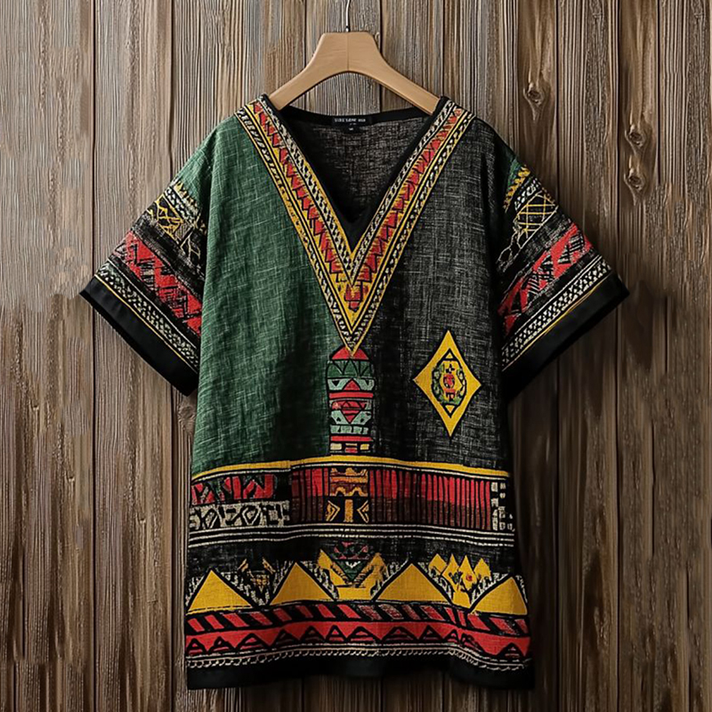 Men's African Ethnic Geometric Art Color Block Casual Linen T-shirt