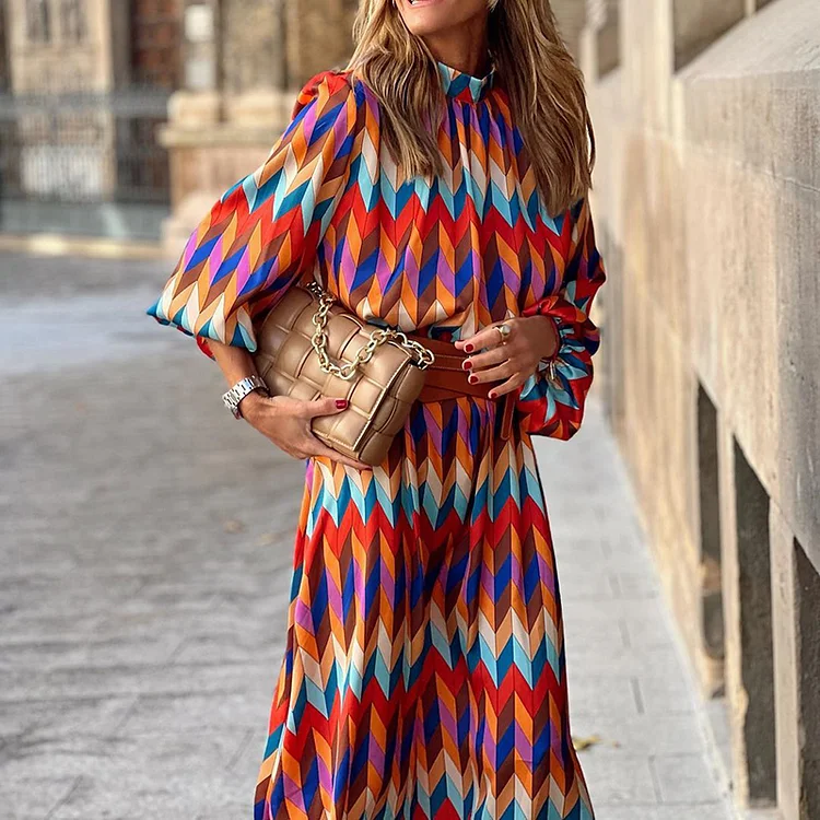 Fashion Mid Sleeve Contrast Print Midi Dress