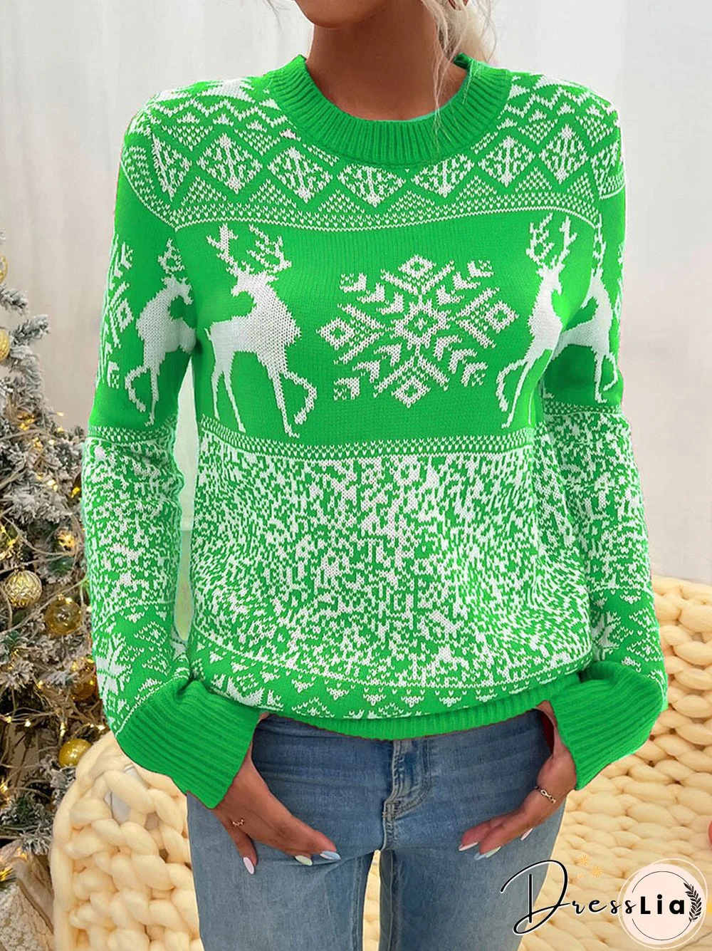 Christmas Cartoon Animal Snowflake Jacquard Long Sleeve Sweater