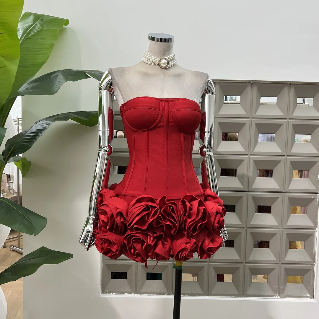 Brownm Knitted Bandage Pressure Fish Bone Tiring Waist Tset + Flowers Ultra-Short Low Waist Skirt Babes