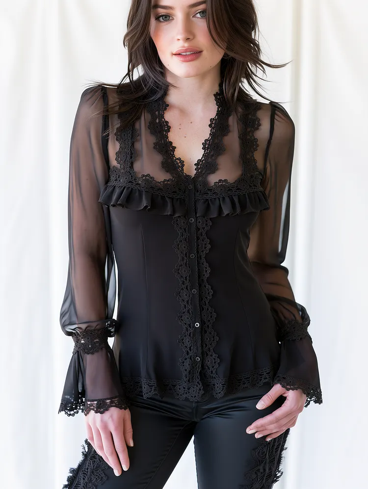 Feminine Gothic Flowy Lace-Paneled Ruffle-Neck Black Chiffon Blouse