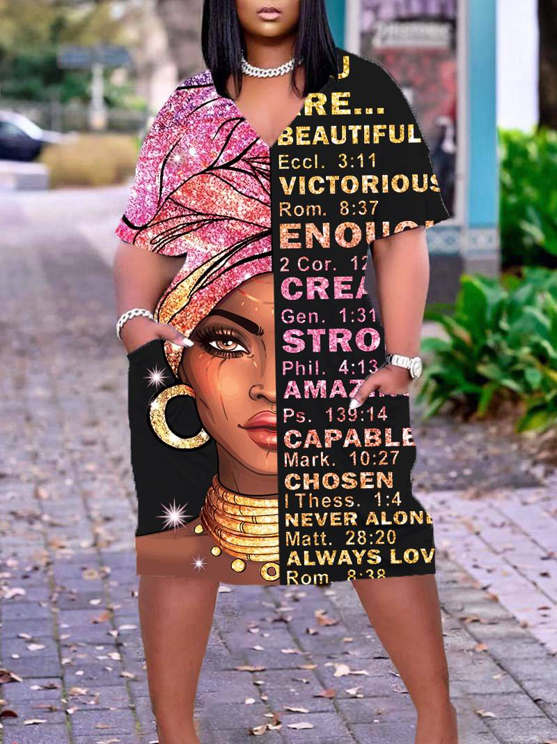 African Girl Print Plus Size V Neck Mid Sleeve Dress