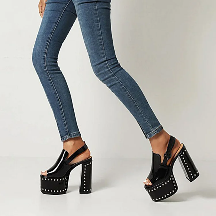 Black Peep Toe Slingback Shoes Patent Leather Crystal Platform Heels |FSJ Shoes