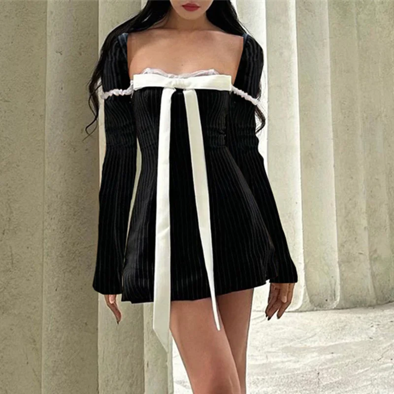Uveng Uveng Winter New Women's Sexy Pure Desire French Bow Tie Temperament Striped Dress