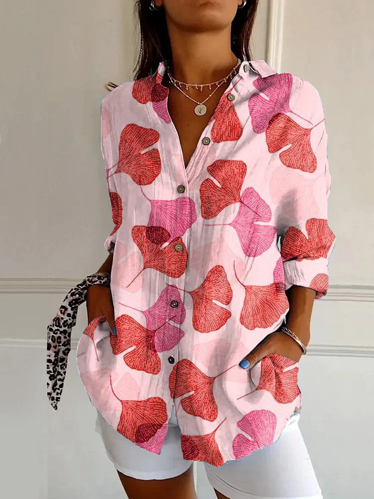 Casual Pink Ginkgo Leaf Print Loose Long-sleeved Shirt
