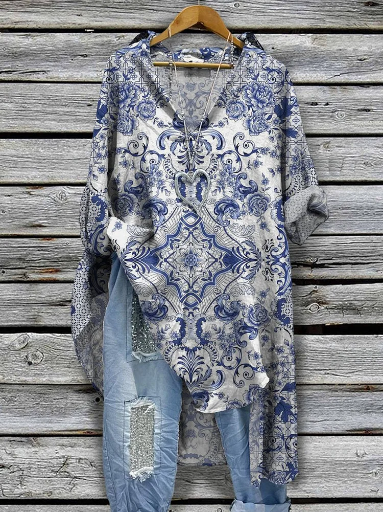 Women's Blue Ethnic Style Print Casual Cotton And Linen Shirtdress