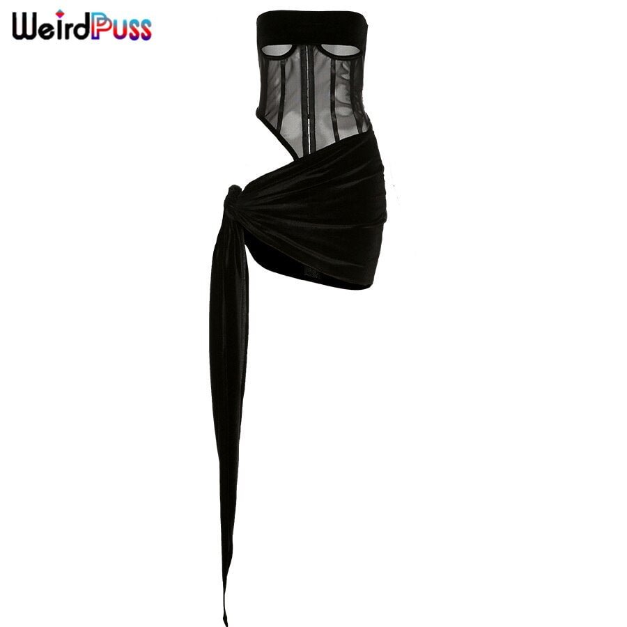 Weird Puss Sexy Women Skinny 2 Piece Set Velvet Patchwork Mesh Corsets Top+Bandage Skirts Matching Suit Activity Clubwear Outfit