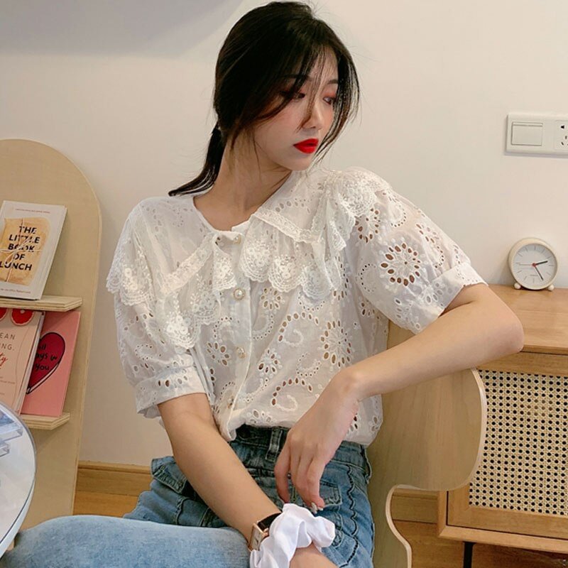Lace Embroidery Blouse Fashion Women French Retro Hollow Out White Shirt Lace Blouse Elegant Short Sleeve Female Tops 13609