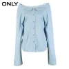 ONLY Brand 2018 NEW Summer fashion cotton boat neck mandarin sleeve cowboy retro-style solid color female shirt |117362503