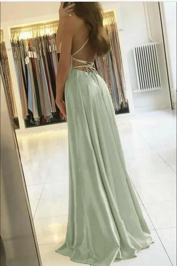 Elegant Spaghetti-Straps Prom Dress with Thigh-High Split and Pockets main image 1
