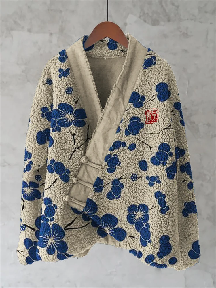 Cherry Blossom Japanese Lino Pattern Cozy Fleece Kimono Cardigan