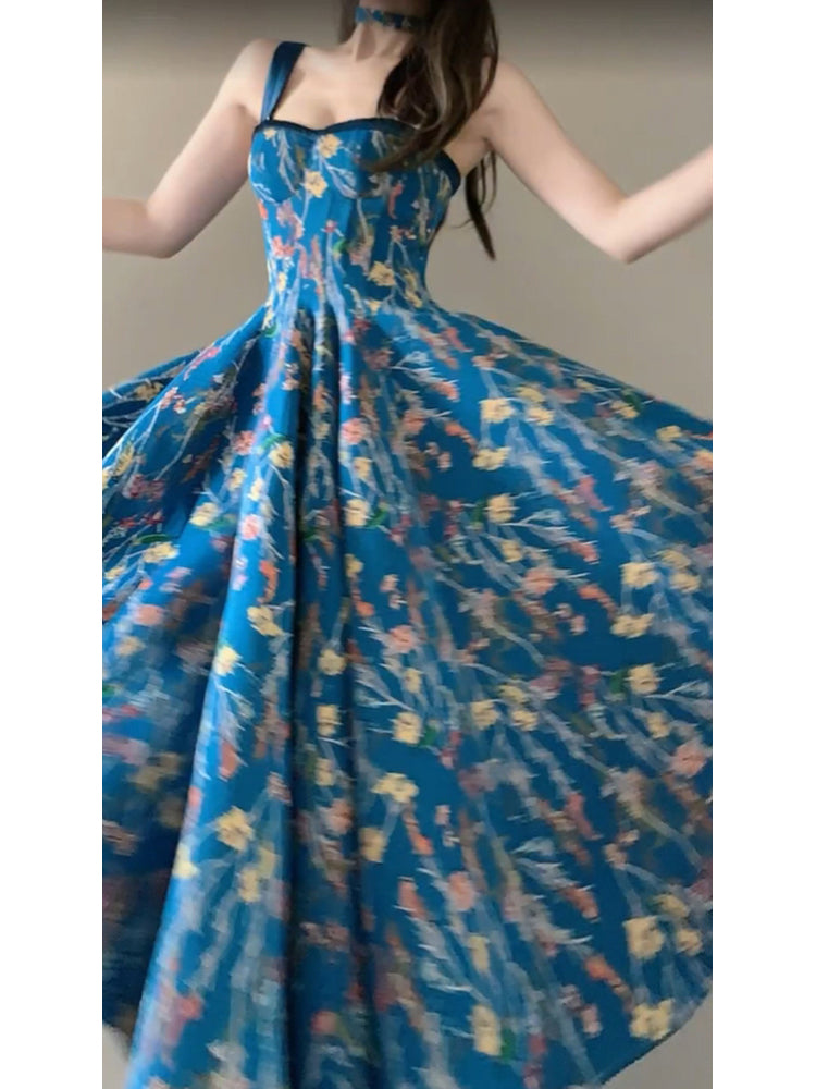 Aiertu - Vintage A line Spaghetti Straps Royal Blue Floral Long Birthday Dresses Prom Dress Birthday Outfits HOT1187 Aiertu