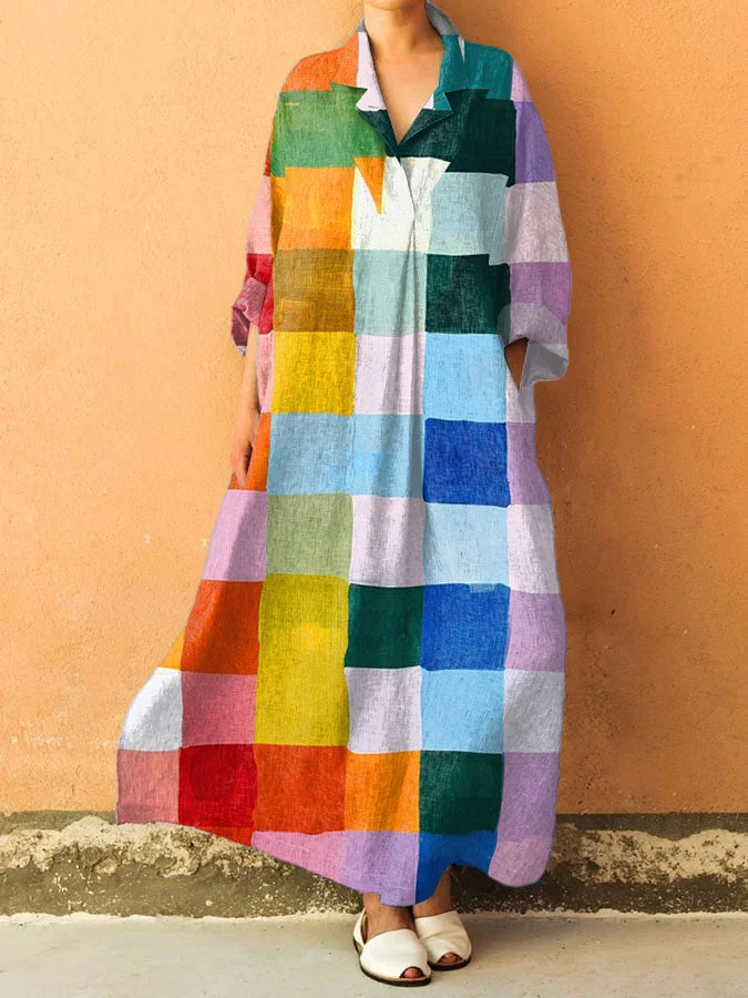 Women's Vintage  Abstract Geometry  Art Print V-Neck Pocket Cotton Dress