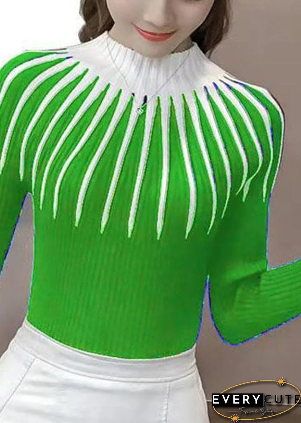 Fashion Green Turtleneck Striped Thick Knit Sweaters Bottoming Shirt