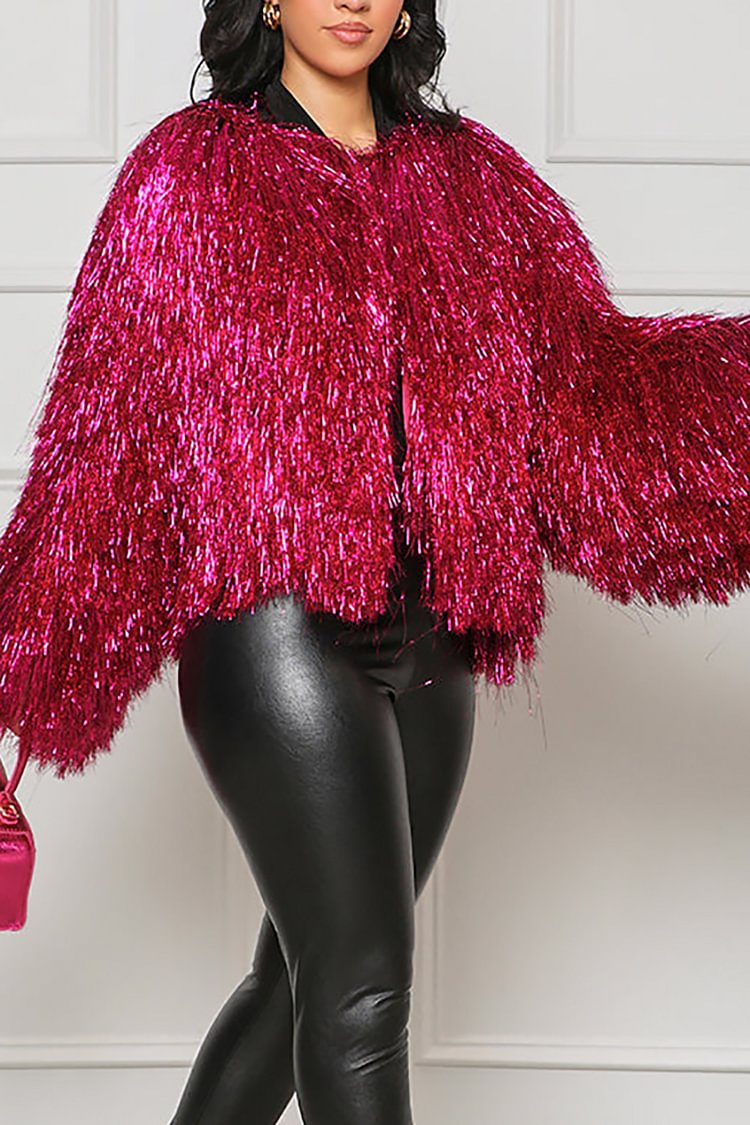 Plus Size Hot Pink Party Tinsel Fringe Swing Outwear [Pre-Order]